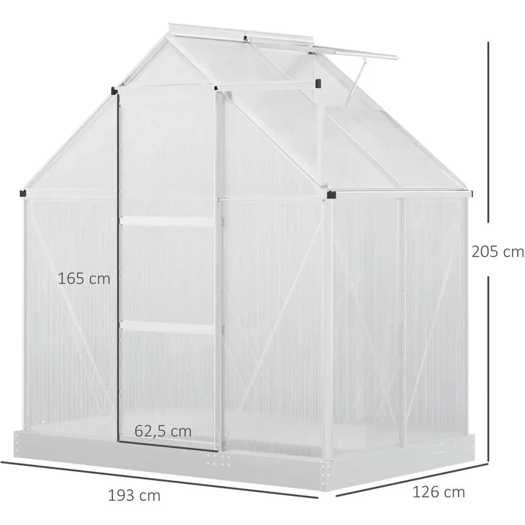 Aluminium Gewächshaus Gartenhaus mit Fenster Tür 193 x 126 x 205 cm 2,5 Pflanzenhaus inkl. Fundament Treibhaus Tomatenh