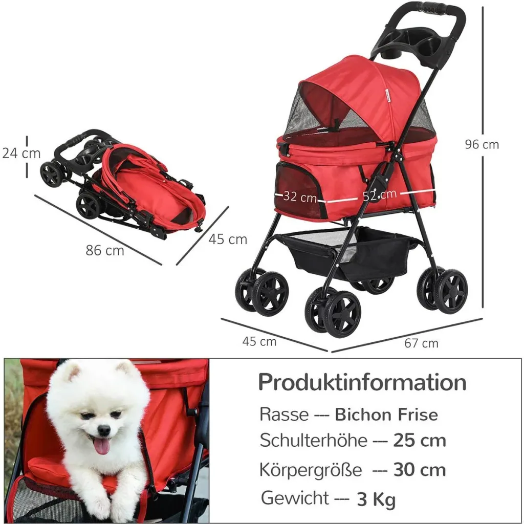 Hundebuggy mit Klappfunktion Hundewagen Buggy für Hunde und Katzen Haustierwagen Katzenbuggy Oxford Rot 67 x 45 x 96 cm