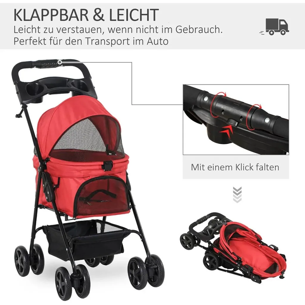 Hundebuggy mit Klappfunktion Hundewagen Buggy für Hunde und Katzen Haustierwagen Katzenbuggy Oxford Rot 67 x 45 x 96 cm