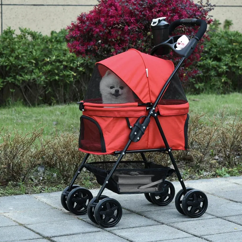 Hundebuggy mit Klappfunktion Hundewagen Buggy für Hunde und Katzen Haustierwagen Katzenbuggy Oxford Rot 67 x 45 x 96 cm