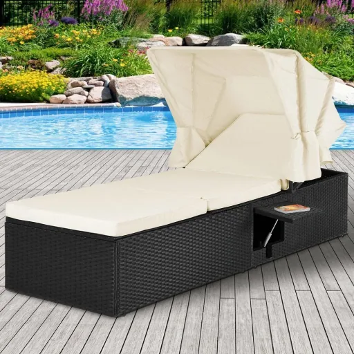 Liege mit Schiebedach Polyrattan schwarz/cremeweiß 195 x 60 x 39/145cm