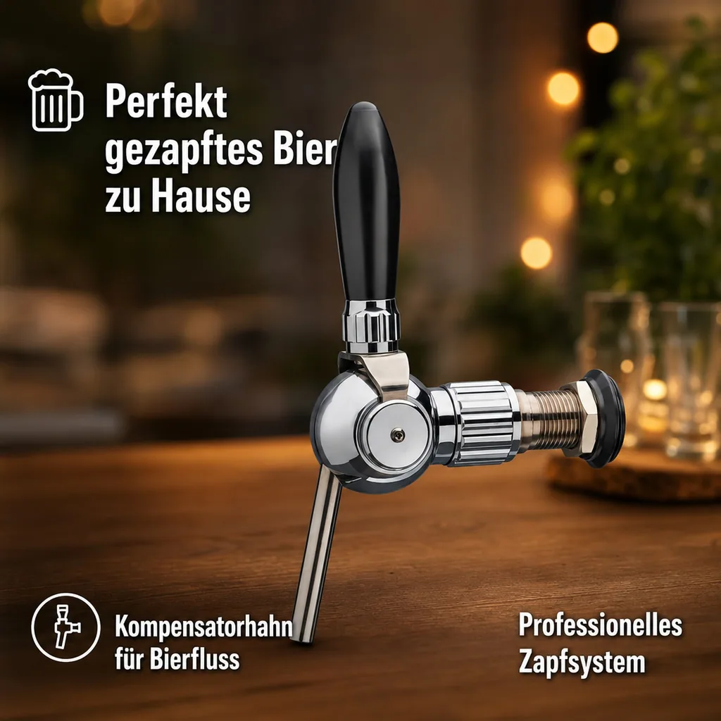 Bierzapfhahn, Kompensatorhahn - Cosmo, verchromt mit Kompensator Stahlschaft 5/8, Gewindelänge: 35 mm