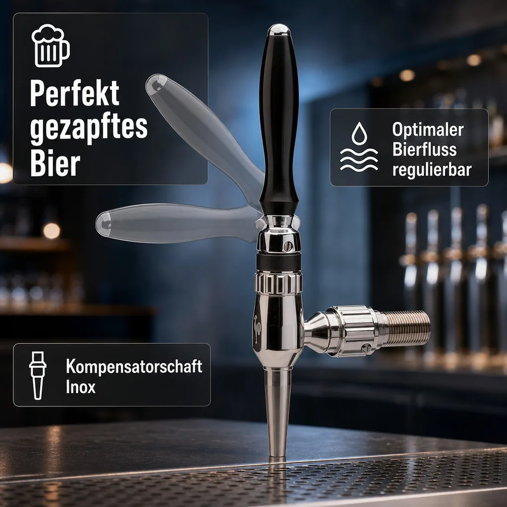 Bierzapfhahn, Kompensatorhahn Nordic - aus satiniertem stahl mit kompensatorschaft inox 5/8", Gewindelänge: 35 mm