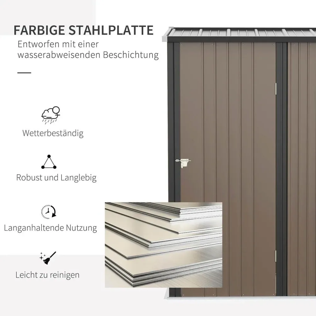 Gerätehaus mit Pultdach 1,34 m² Metall Gartenhaus Geräteschuppen verzinkter Stahl Braun 161,5 x 94,5 x 196 cm