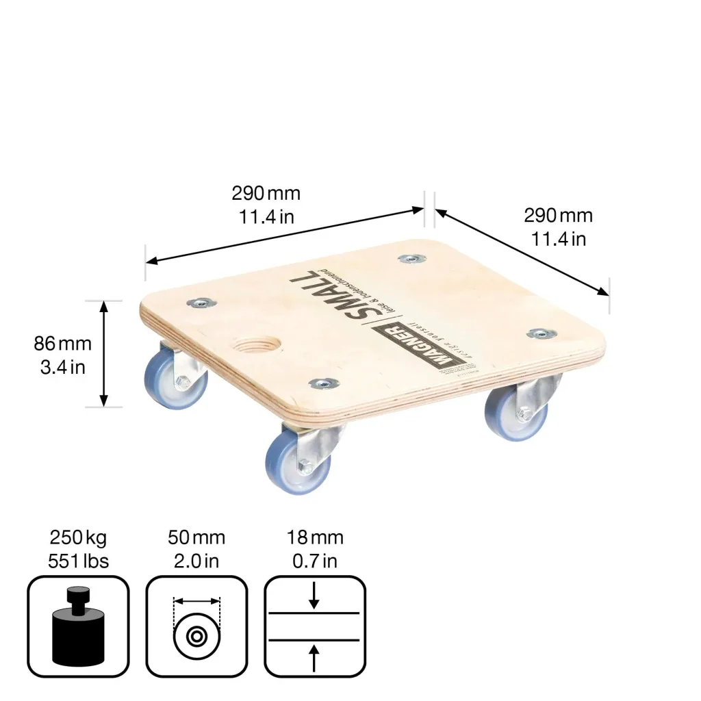 Transporthilfe MM 1353, 29 x 29 x 8,5 cm, softe Rollen Ø 50 mm, Gleitlager, Multiplex Birke FSC®, Tragkraft 250 kg