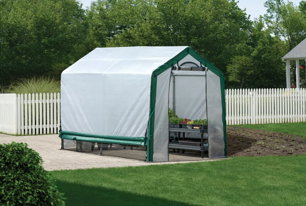 ShelterLogic Gewächshaus 4,32 m² Weiß/Grün, 180×240 cm – Foliengewächshaus mit Aufrolltür, wetterfest