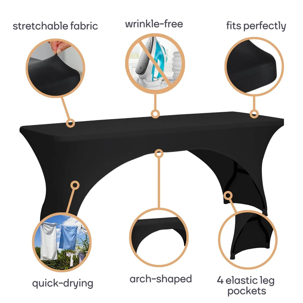 Stretch-Tischdecke, schwarz, Polyester, rechteckiger Tisch, Beintaschen