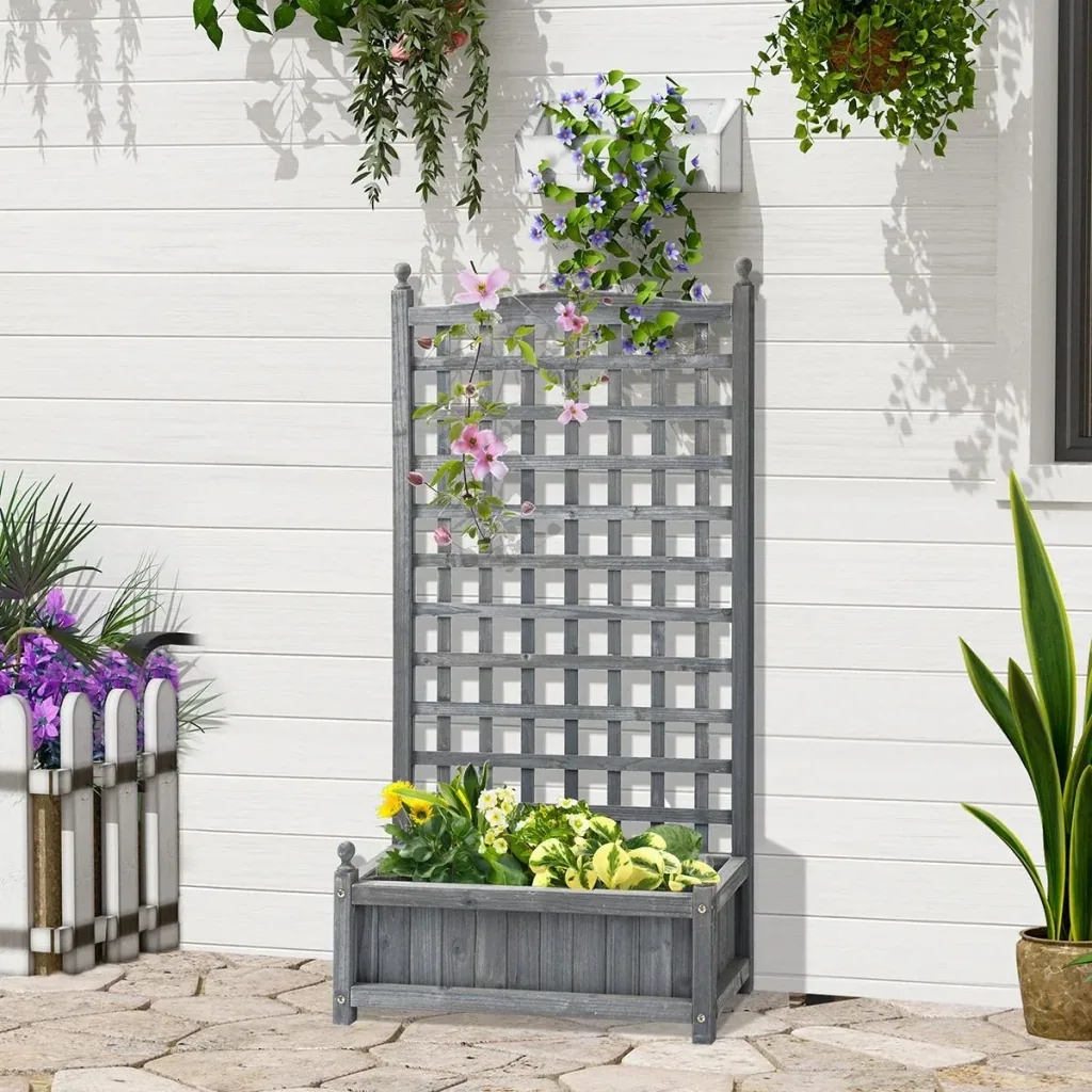 Pflanzkasten Blumenständer Rankgitter Rankkasten Rosenbogen mit Leckage-Löcher Garten Holz Hellgrau 64 x 28 x 120 cm