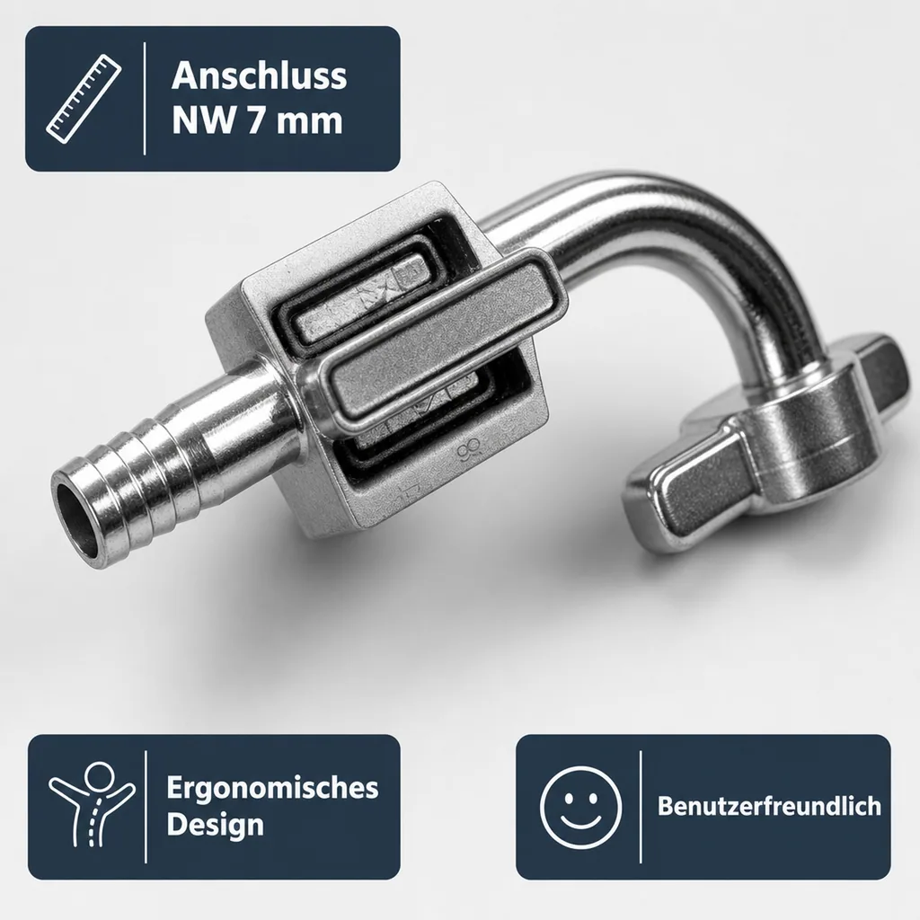 Bierabstellhahn - Gebogen, aus Edelstahl, NW: 7 mm