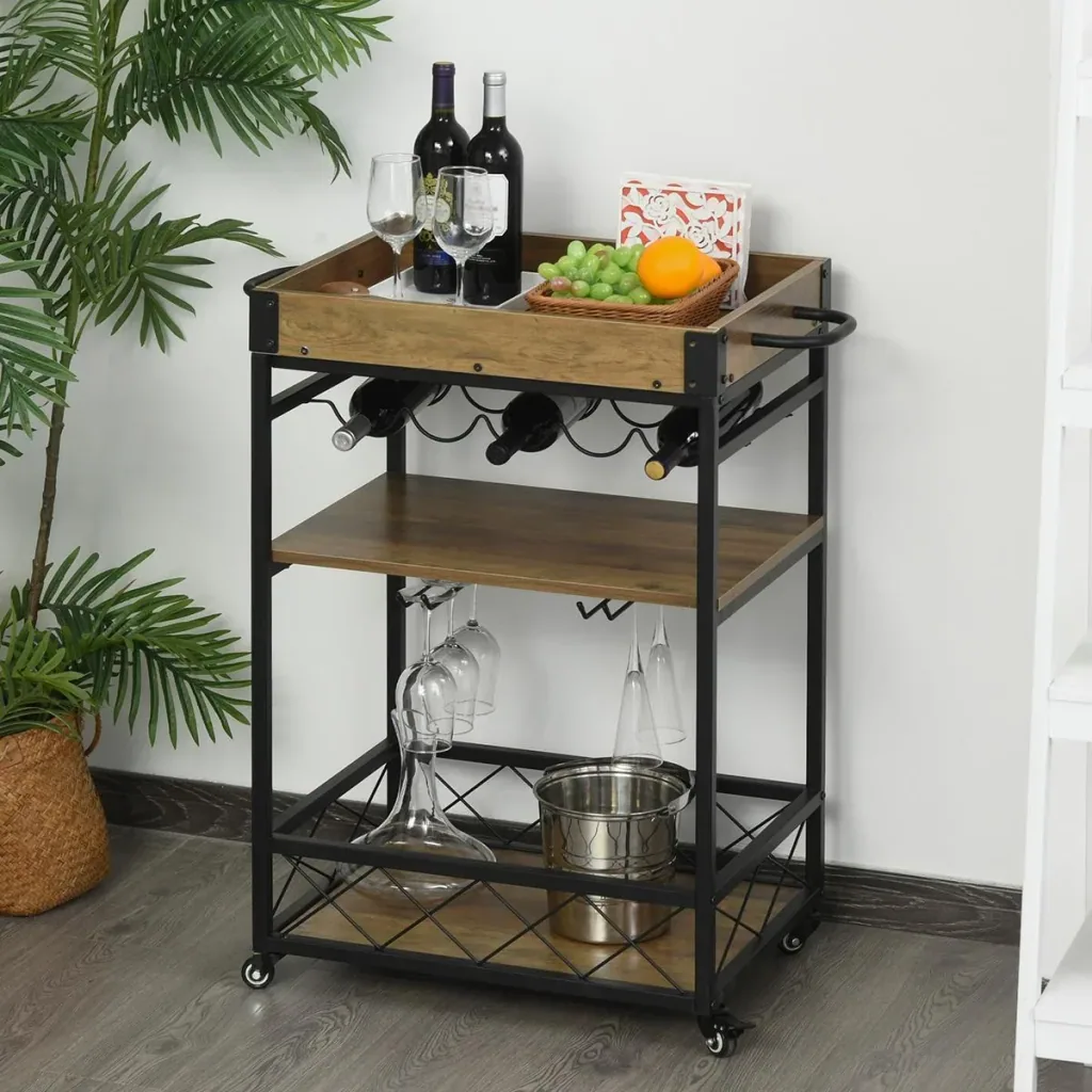 Rollwagen Servierwagen auf Rollen, Küchenwagen mit Weinregal und Glashalter, mit Bremsen, Metall, 77 x 44,5 x 91 cm
