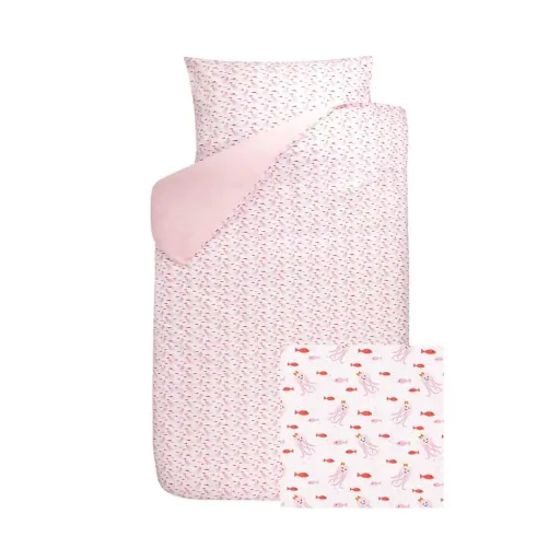Bink Kinderbettwäsche  Octo Tintenfisch & Fische rosa rot 100 x 135