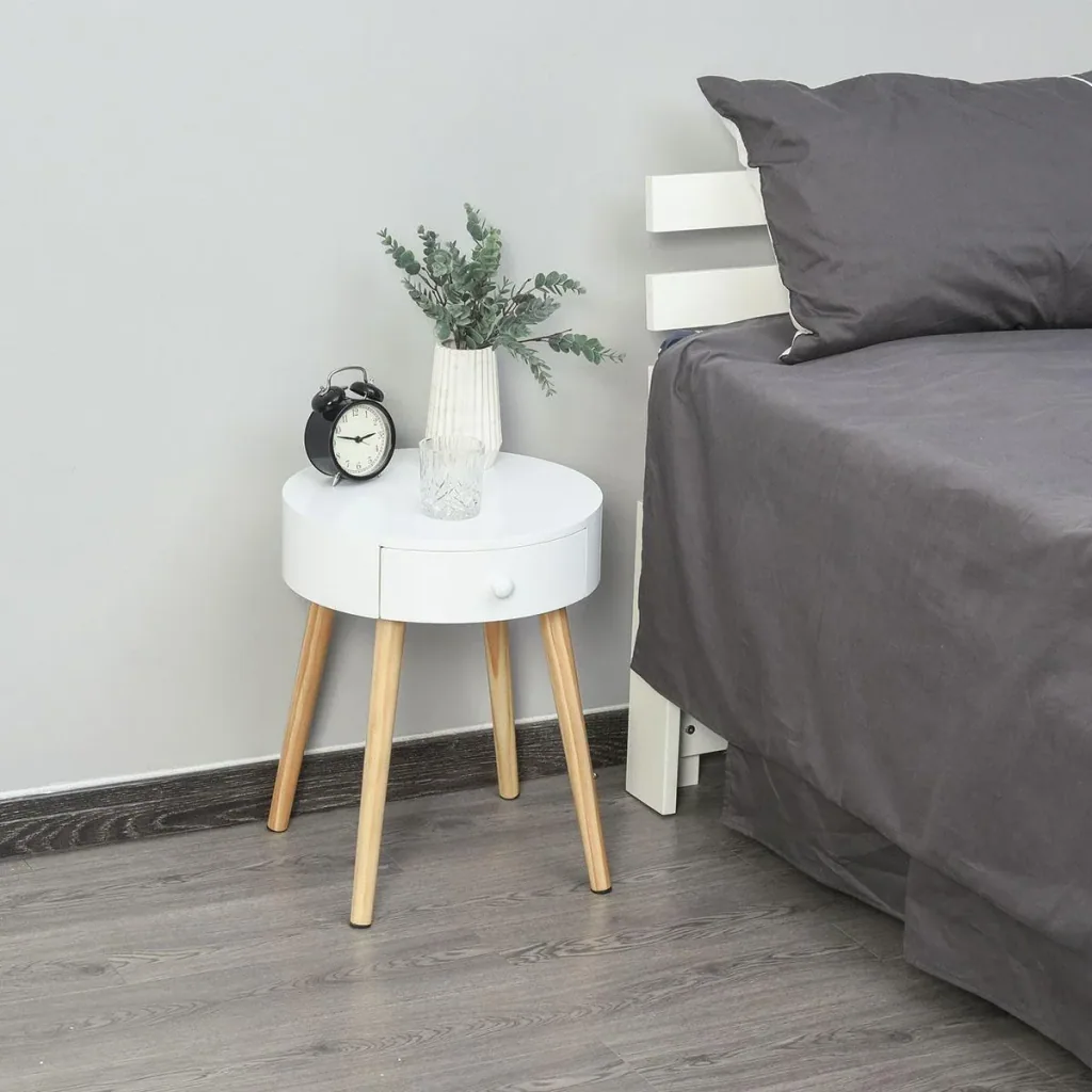 Nachttisch mit Schublade, Schlafzimmer Nachtkommode mit Beinen, runder Beistelltisch, Skandinavisches Design, Massivholz