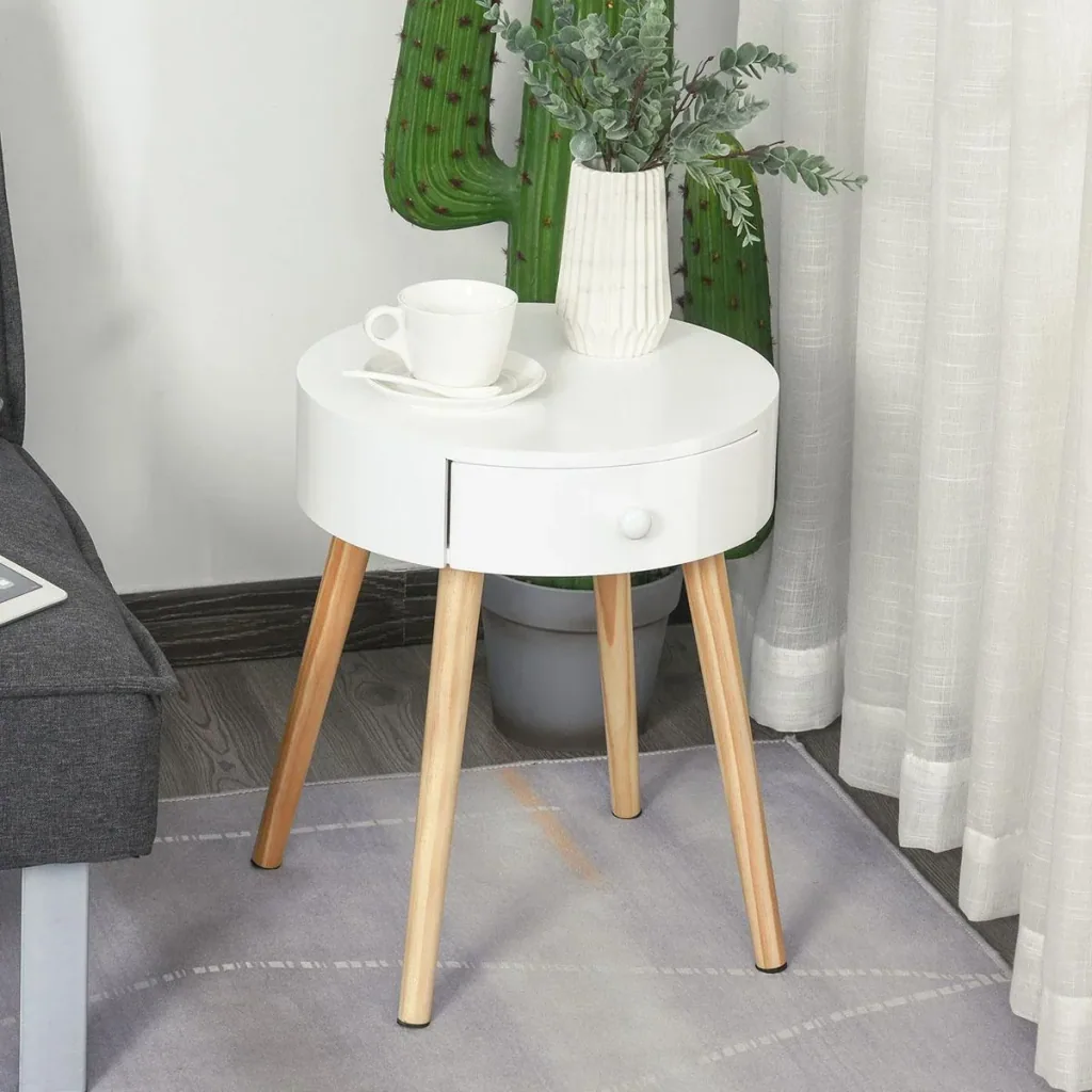 Nachttisch mit Schublade, Schlafzimmer Nachtkommode mit Beinen, runder Beistelltisch, Skandinavisches Design, Massivholz