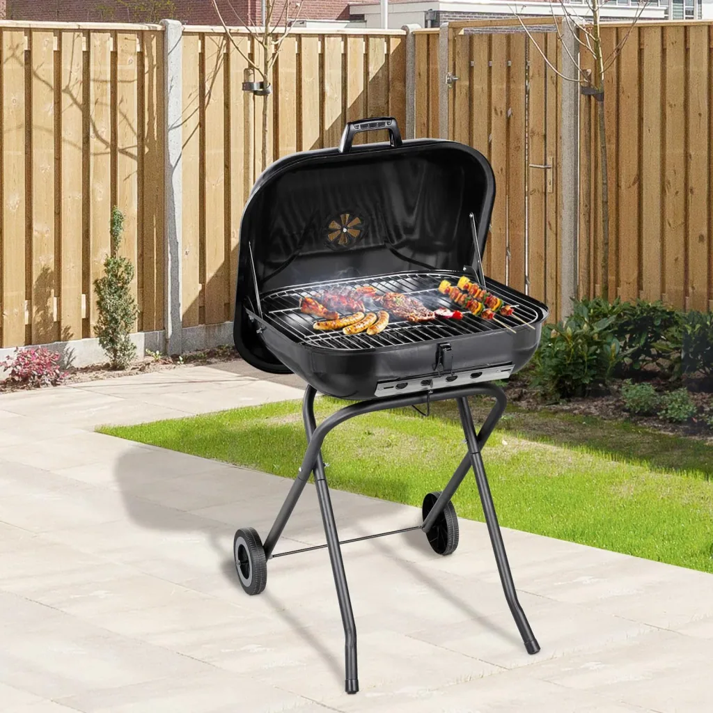 Holzkohlegrill mit Rädern, Grillwagen, Metall, schwarz