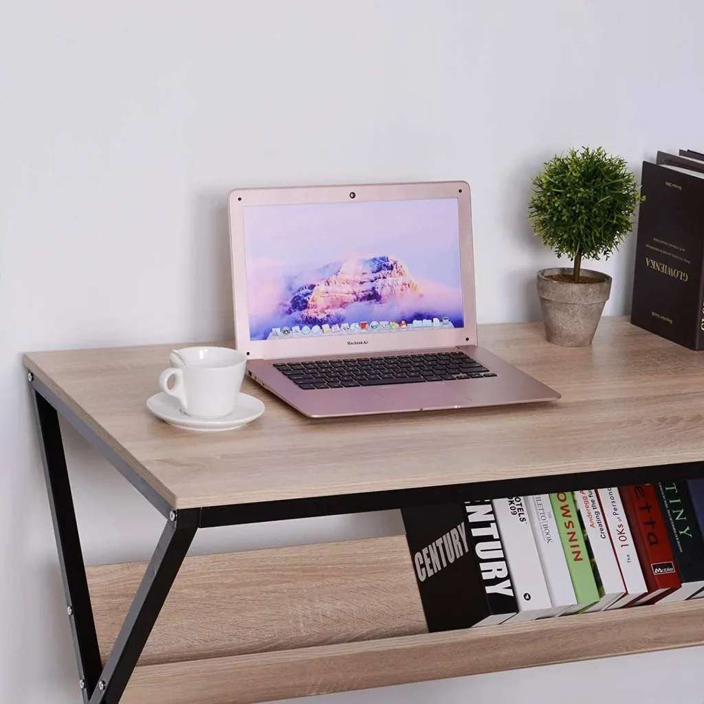 Schreibtisch Computertisch Laptop Tisch Bürotisch 1 x Ablage Holz + Metall Natur + Schwarz 120 x 60 x 76 cm