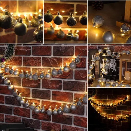 Christbaumbeleuchtung / Festbeleuchtung / Weihnachtsbeleuchtung - mit Weihnachtskugeln - 40 LED - 2 m - Silber