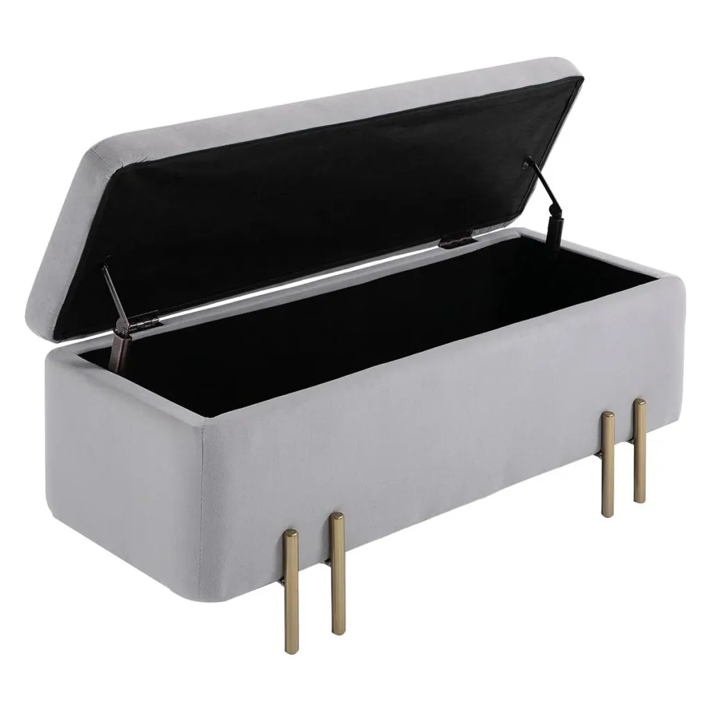 Sitzbank, Polsterbank mit Stauraum, Truhenbank, Stoff, Metall, Schaumstoff, Hellgrau, 100 x 40 x 42 cm