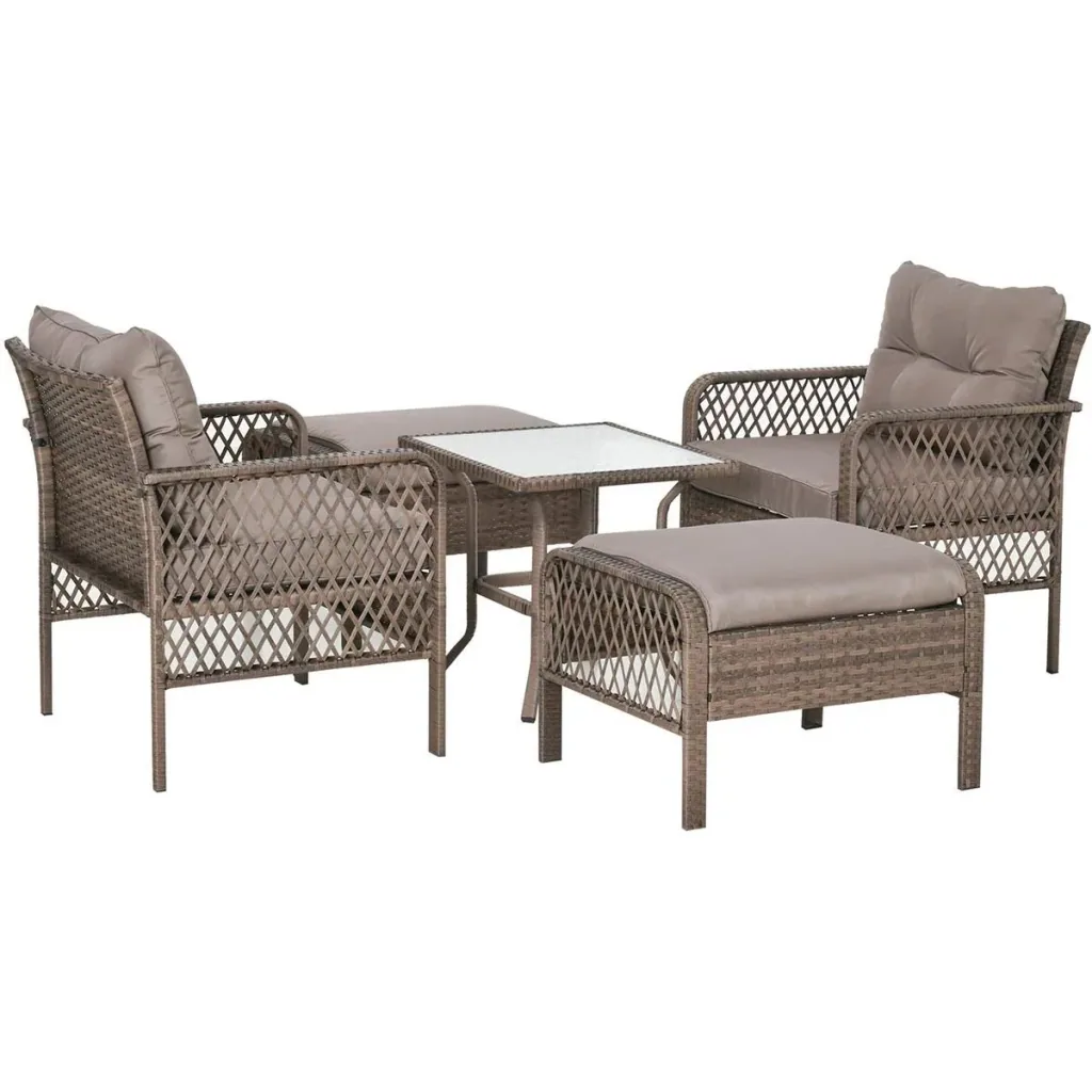Rattan Gartenmöbel 5-teiliges Set Bank mit Hocker Tisch Stahl