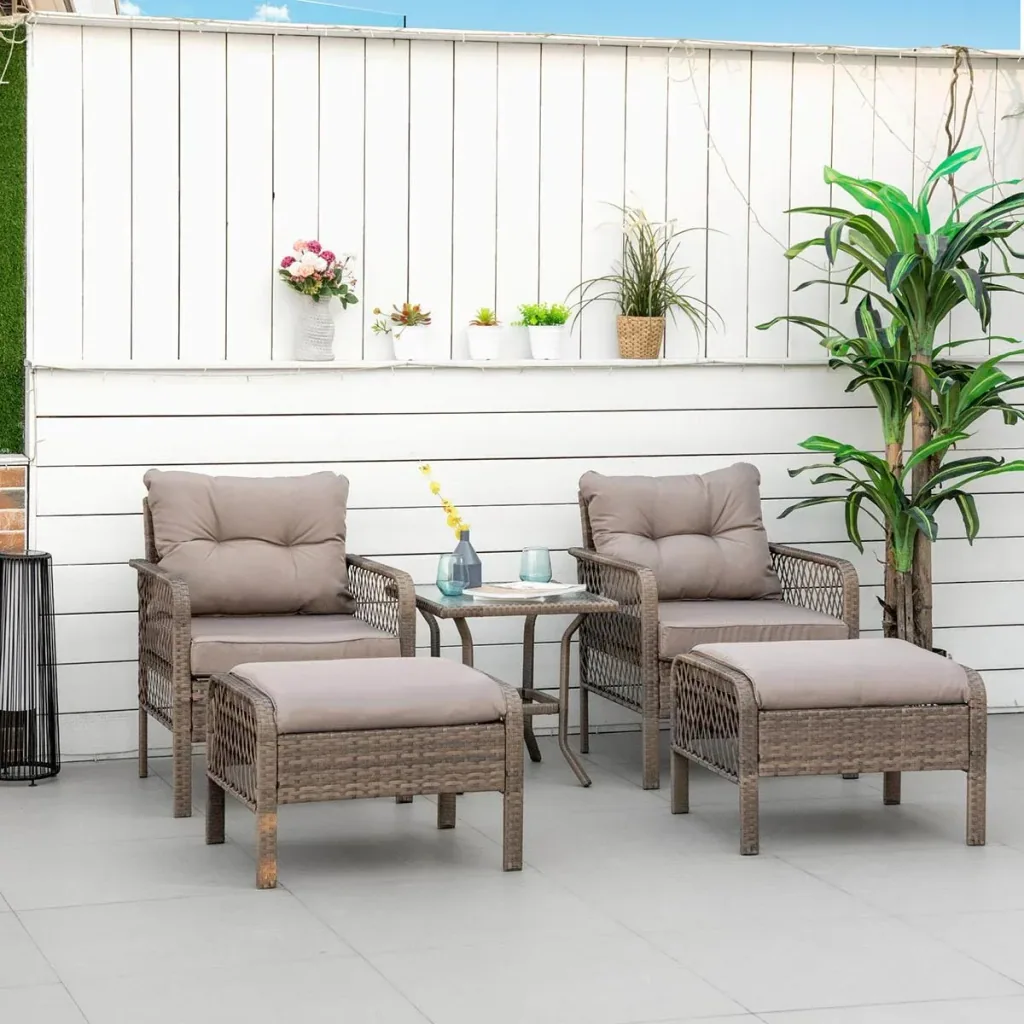 Rattan Gartenmöbel 5-teiliges Set Bank mit Hocker Tisch Stahl