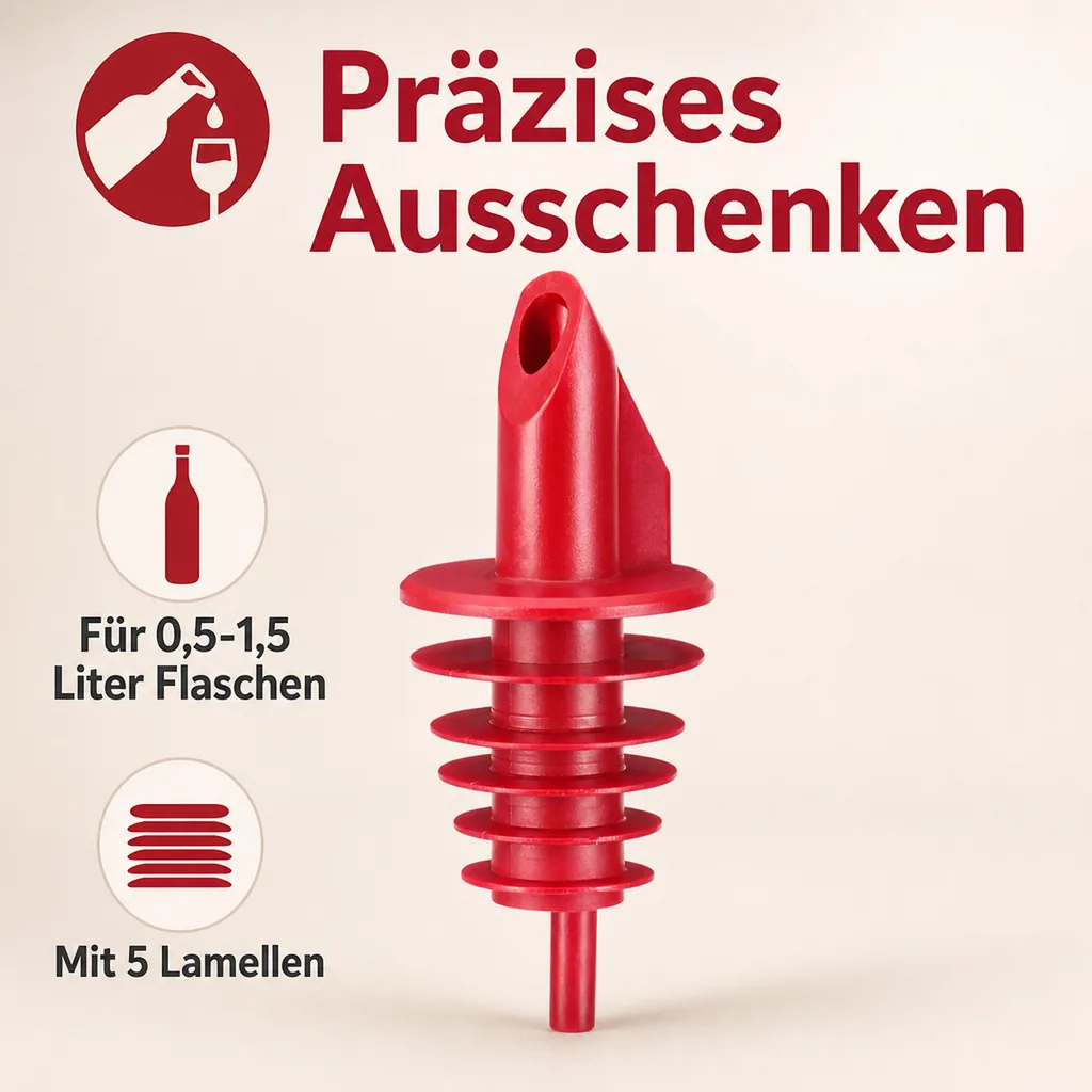 Ausgiesser, Ausgießer - BILLY, für Flaschen 0,5-,5 lt, Rot, Mit 5 Lamellen