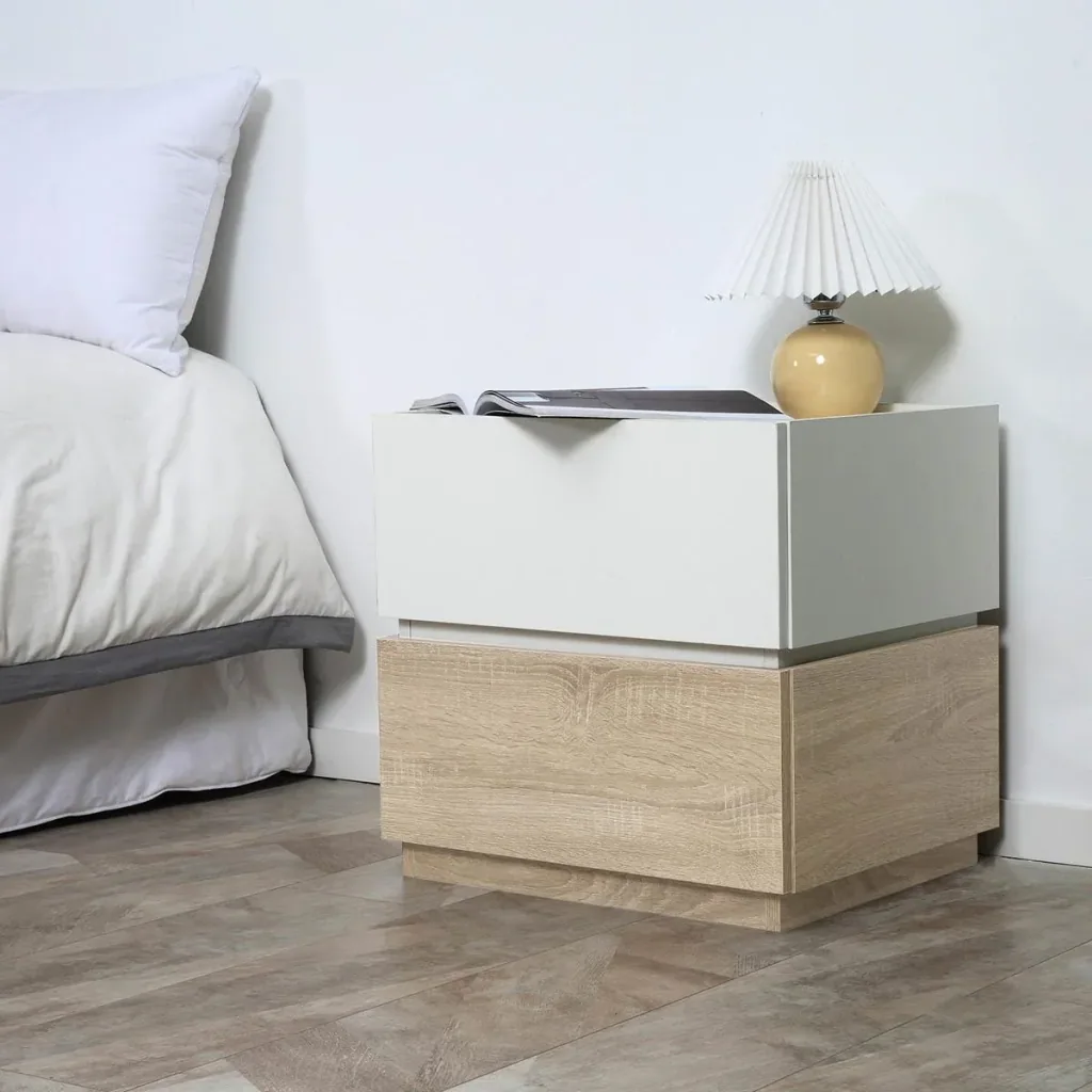 Nachttisch mit Schublade Nachtschrank stapelbar Schubladenschrank Schlafzimmer Nachtkommode Spanplatte Weiß+Natur 50 x 4