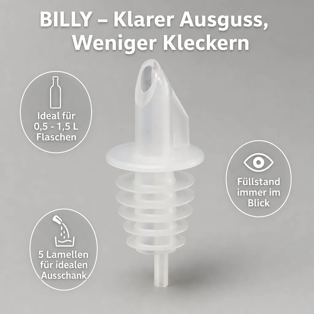 Ausgiesser - BILLY, Kunststoff, für 0,5 - 1,5 L Flaschen, mit 5 Lamellen, transparent