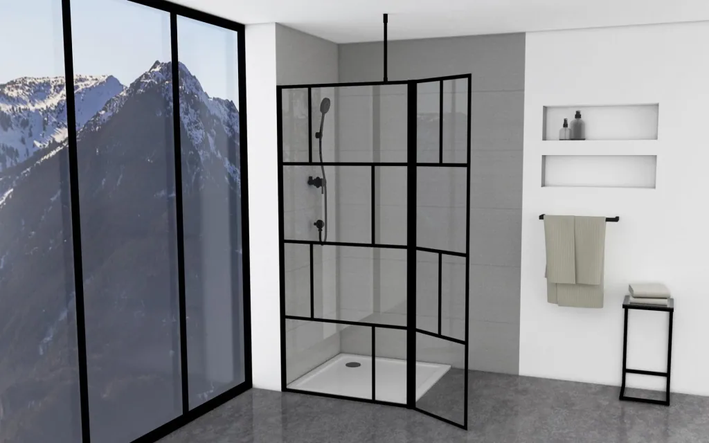 Duschwand in modernem Design 90+40 x 195 cm - Glasdusche mit matt schwarzen Wandprofil