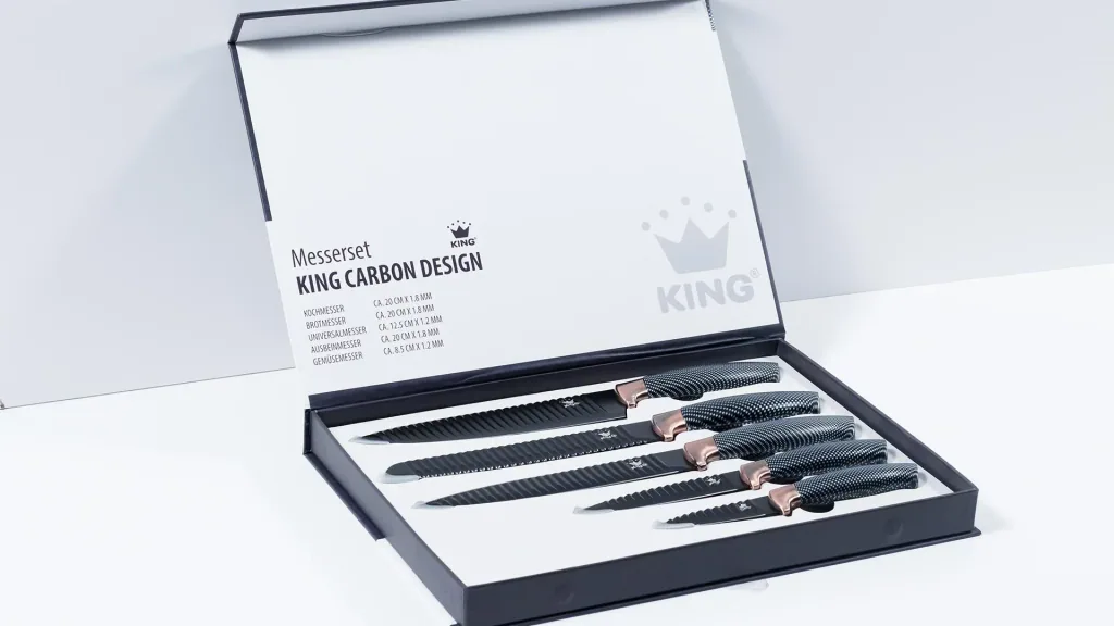 Messer-Set mit Messerblock, in Carbon-Optik, Schwarz/ Roségoldfarben, 6-teilig