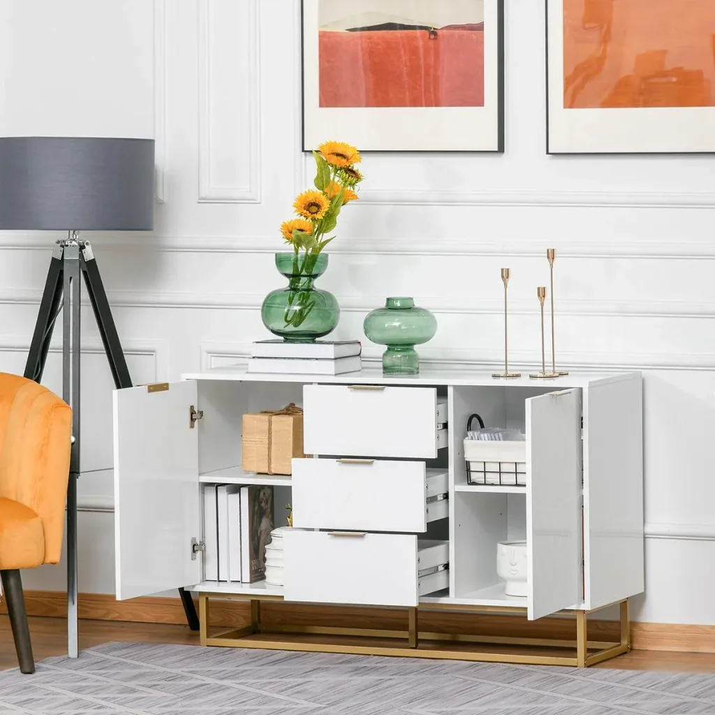 Sideboard Kommode moderner Beistellschrank mit Schränke und Schubladen Goldsockel viel Stauraum Weiß MDF Stahl 120 x 40