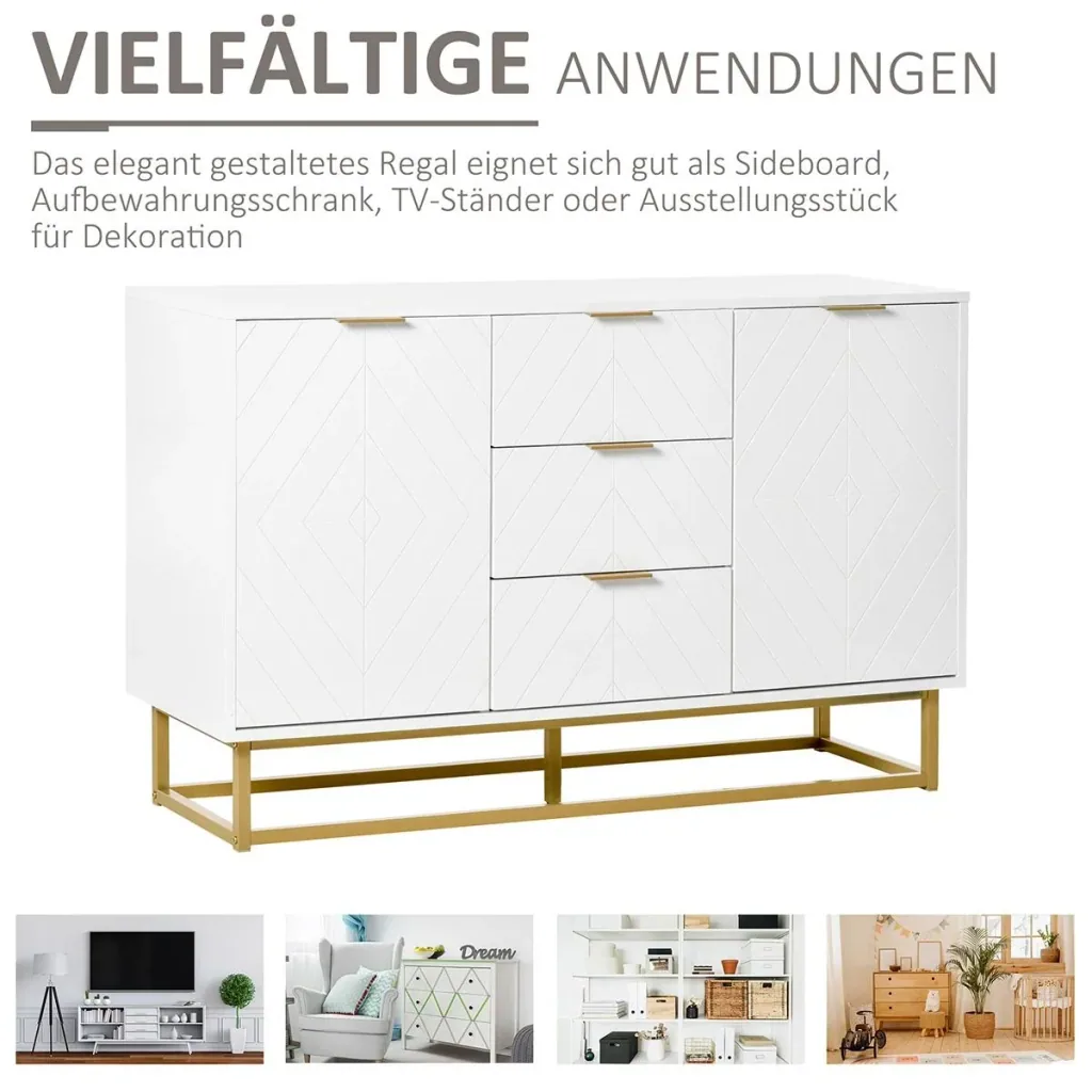 Sideboard Kommode moderner Beistellschrank mit Schränke und Schubladen Goldsockel viel Stauraum Weiß MDF Stahl 120 x 40
