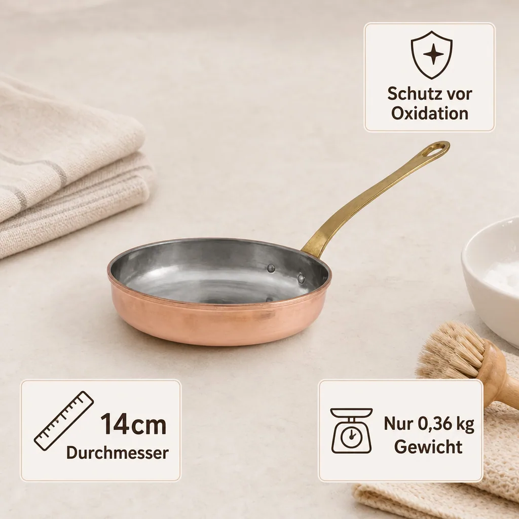 Bratpfanne, Kupferpfanne - aus Kupfer und Messing, 14cm
