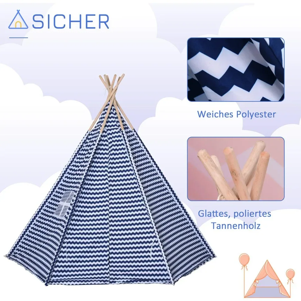 Tipi-Kinderzelt mit Bodenmatte blau, weiß