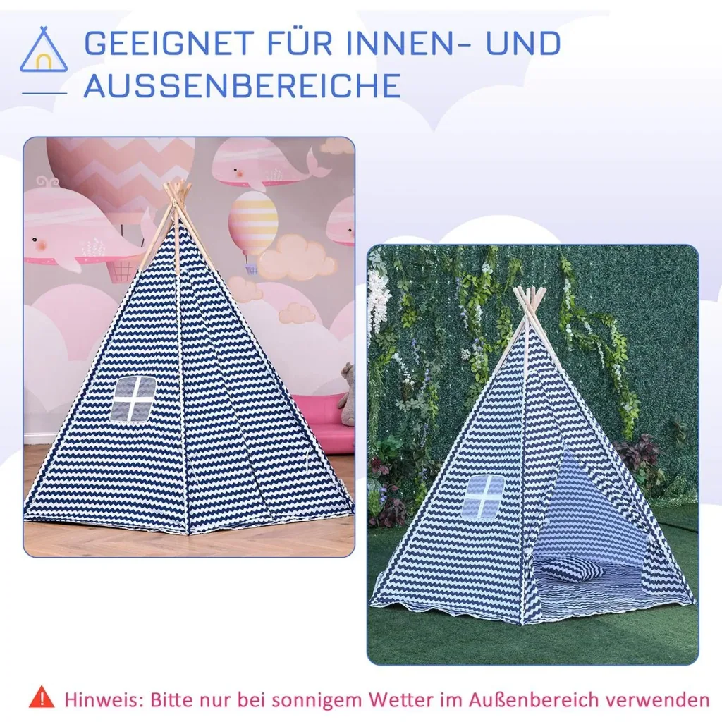 Tipi-Kinderzelt mit Bodenmatte blau, weiß
