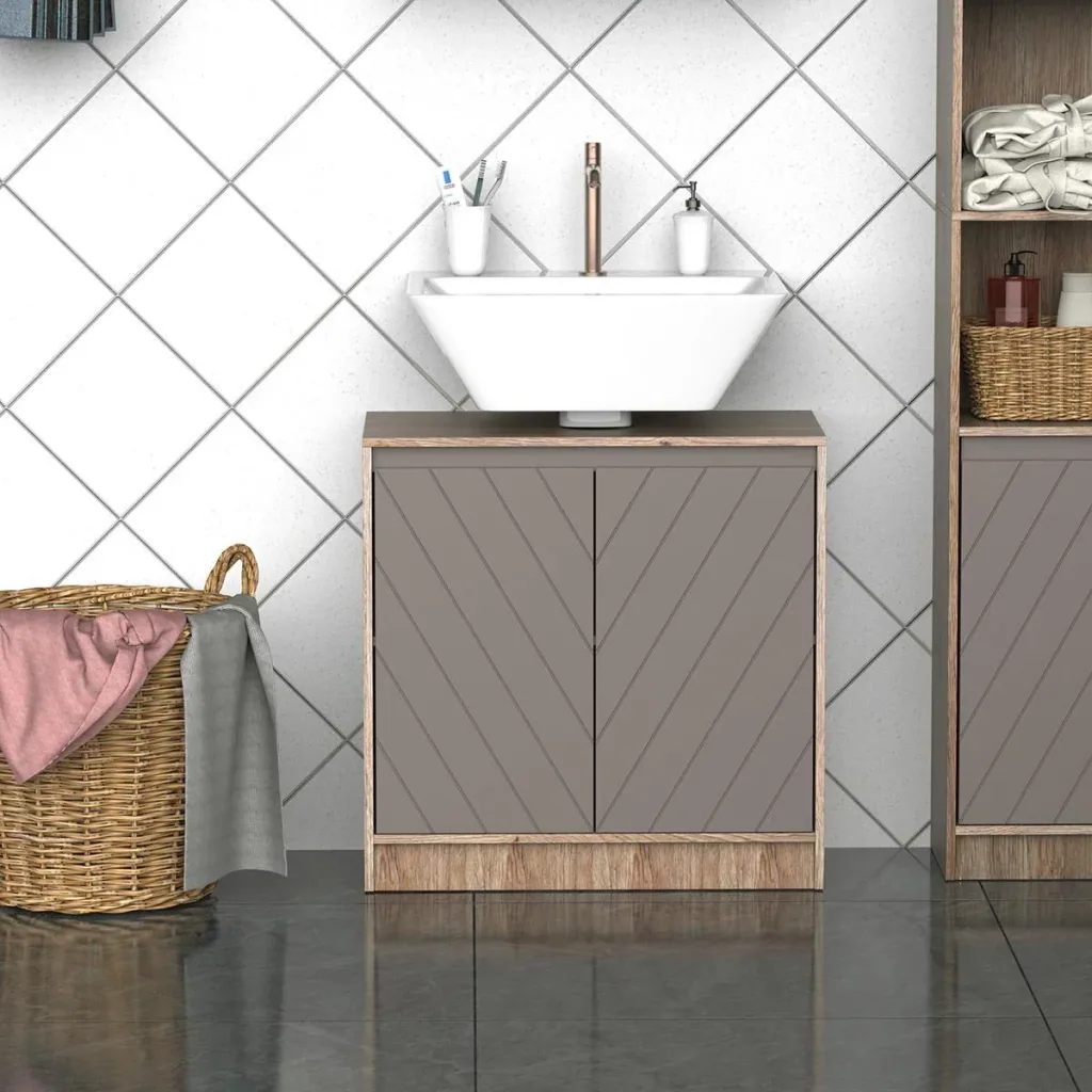 Waschbeckenunterschrank Badschrank Badmöbel mit 2 Türen Unterschrank MDF Grau+Eiche 60 x 30 x 59,8 cm