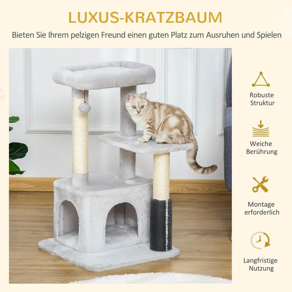 Kratzbaum Katzenbaum mit Massageecke Katzenhöhle Spielball Katzenkratzbaum Sisalseil-Kratzstangen Hellgrau 48 x 48 x 80