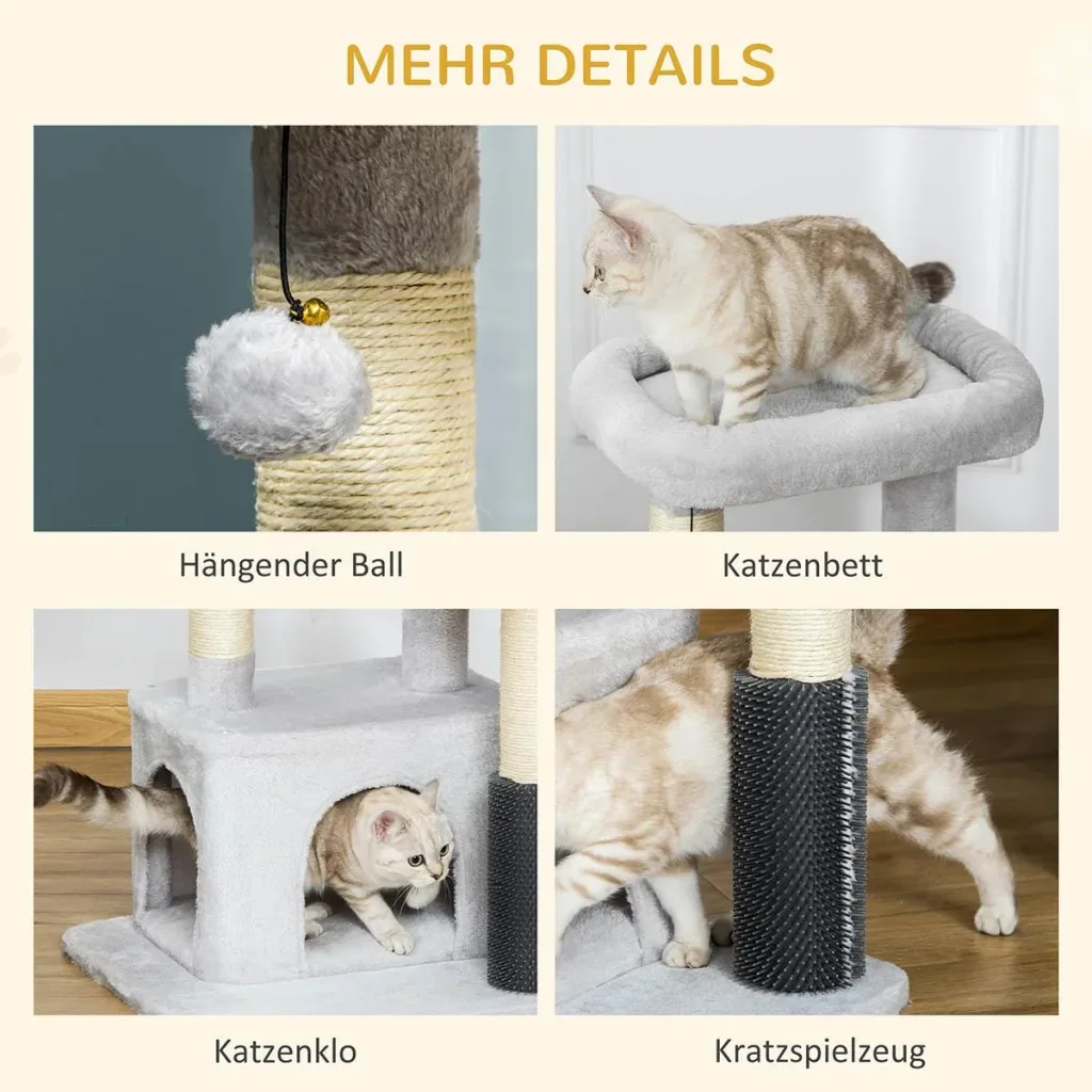 Kratzbaum Katzenbaum mit Massageecke Katzenhöhle Spielball Katzenkratzbaum Sisalseil-Kratzstangen Hellgrau 48 x 48 x 80