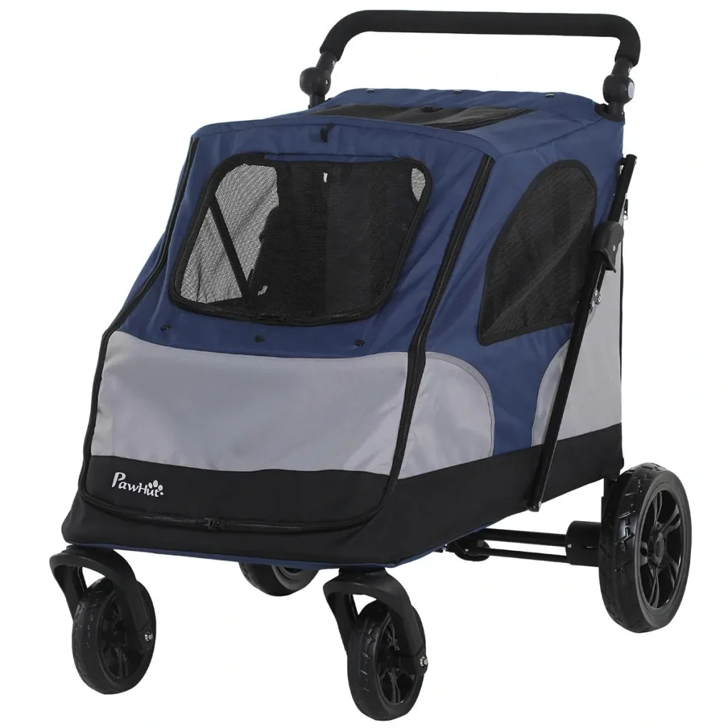 Hundebuggy Hundewagen mit 4 Räder Haustierbuggy für mittelgroße Hunde faltbar Oxford Blau+Grau 104,5 x 68,5 x 110 cm