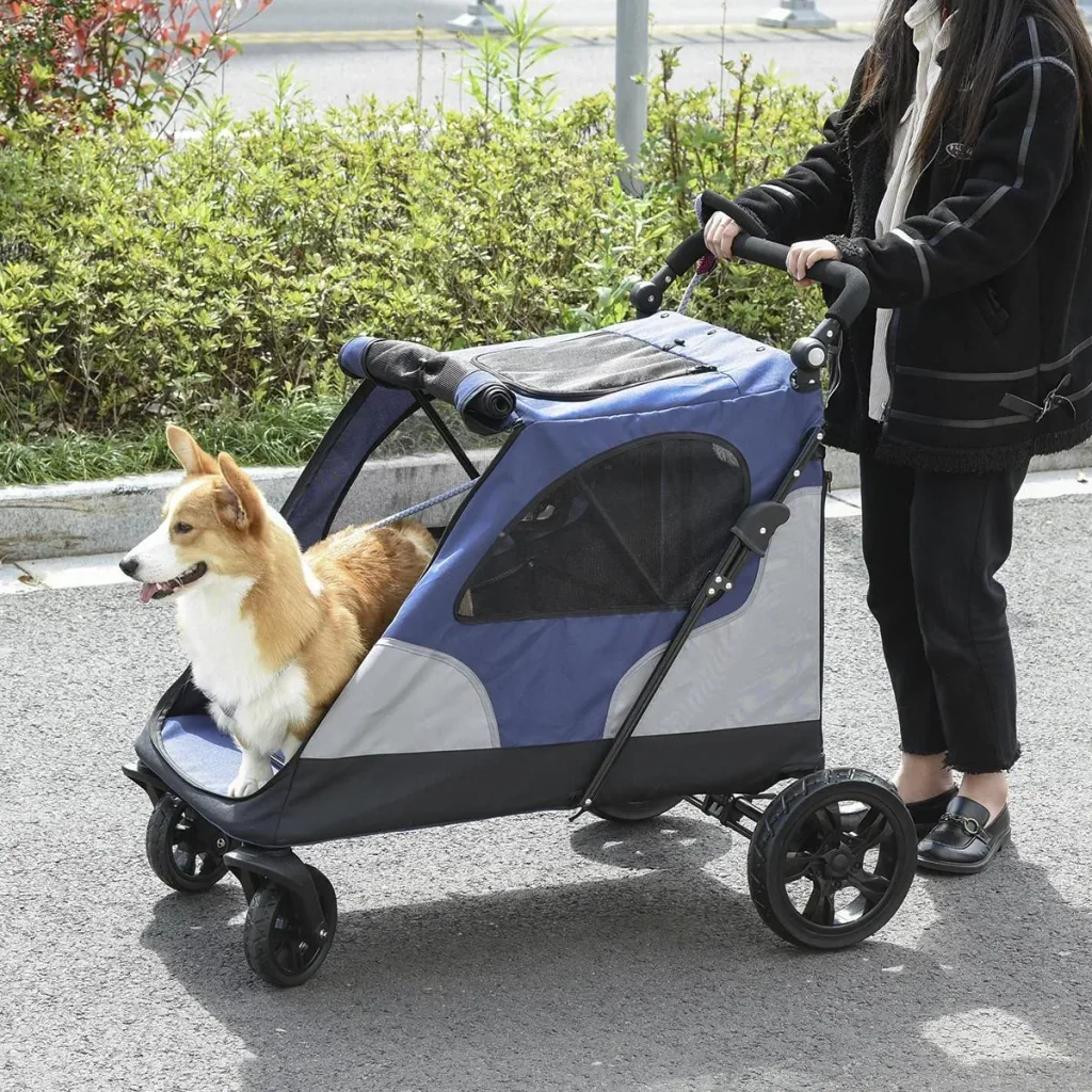 Hundebuggy Hundewagen mit 4 Räder Haustierbuggy für mittelgroße Hunde faltbar Oxford Blau+Grau 104,5 x 68,5 x 110 cm