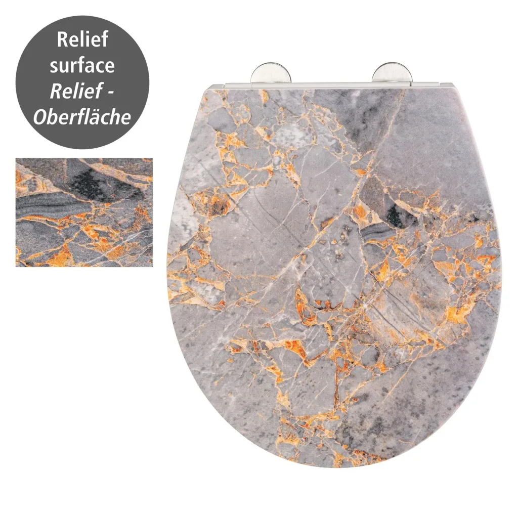 Premium WC-Sitz Grey Marble mit Relief, aus antibakteriellem Duroplast, mit Absenkautomatik