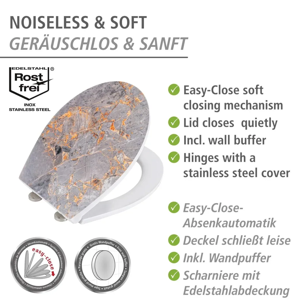 Premium WC-Sitz Grey Marble mit Relief, aus antibakteriellem Duroplast, mit Absenkautomatik