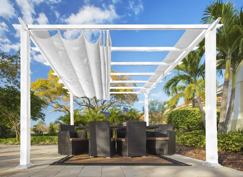 Paragon Outdoor Outdoor-Pavillon „Florida“ Weiß, Holzoptik - verstellbares Sonnensegel
