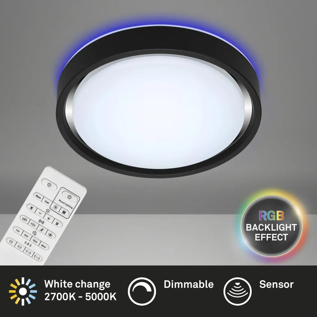 LED Deckenleuchte, rund, Ø 36 cm, CCT, Bewegungssensor, 30 Watt, schwarz