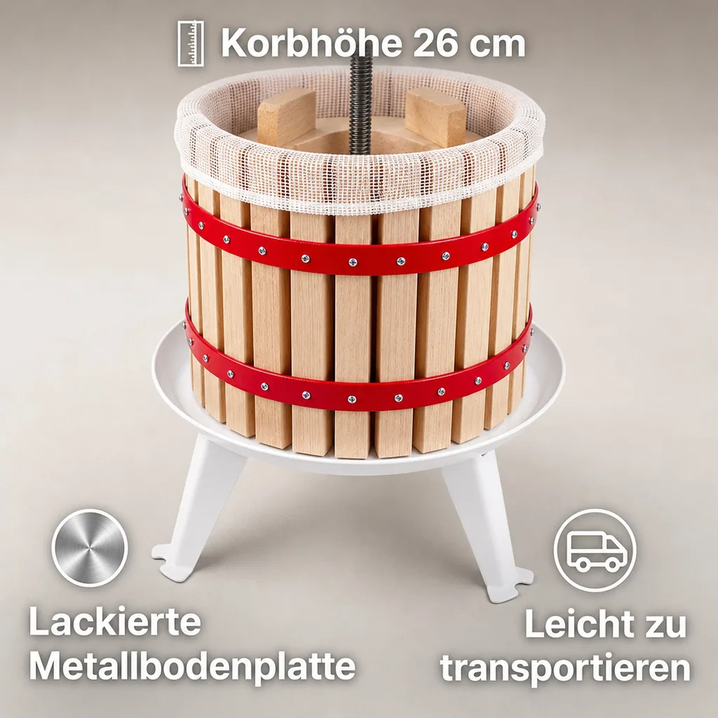 Saftpresse, Obstpresse, Weinpresse, Apfelpresse - Korb aus Holz 12L