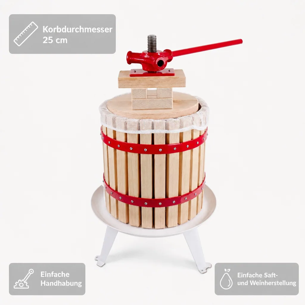 Saftpresse, Obstpresse, Weinpresse, Apfelpresse - Korb aus Holz 12L