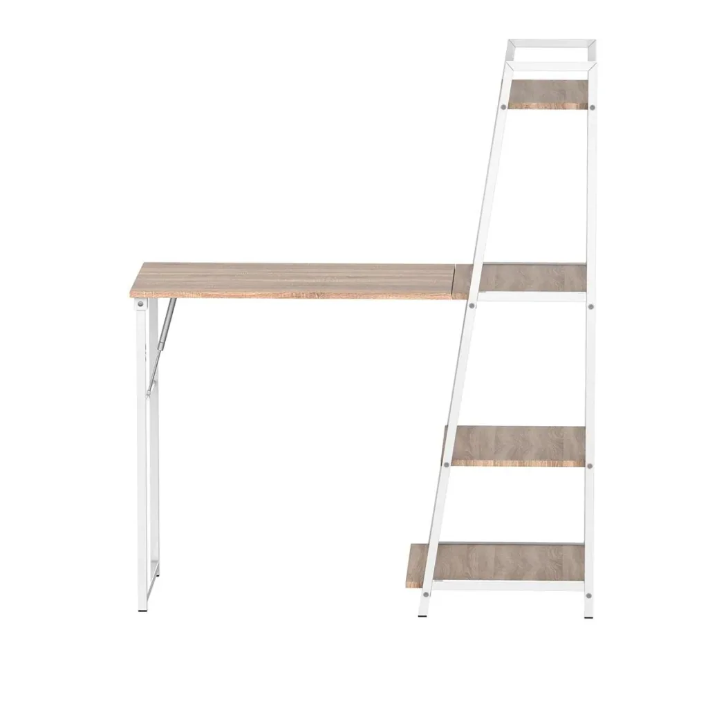 Schreibtisch klappbar mit 4 Tier Bücherregal, Computertisch, Bürotisch, E1 Spanplatte, Metallrahmen, Natur+Weiß, 106 x 4