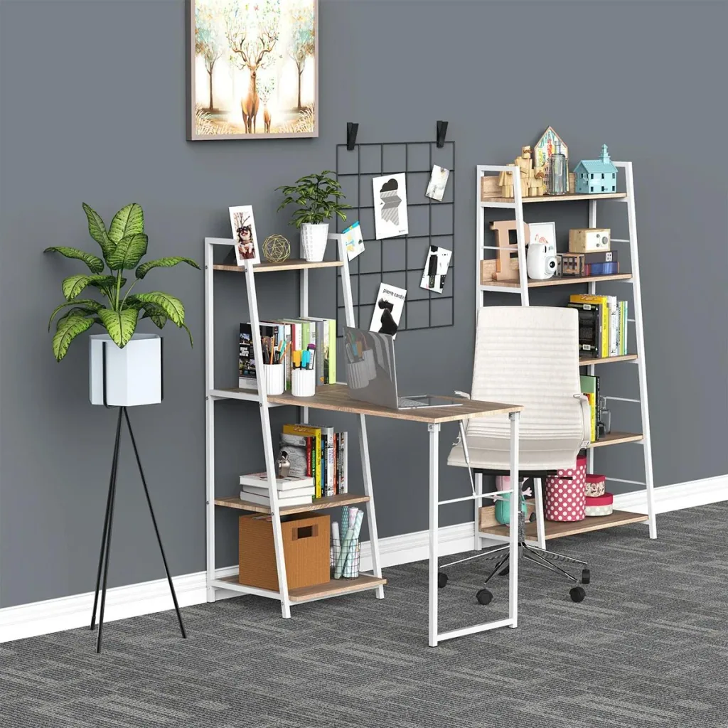 Schreibtisch klappbar mit 4 Tier Bücherregal, Computertisch, Bürotisch, E1 Spanplatte, Metallrahmen, Natur+Weiß, 106 x 4