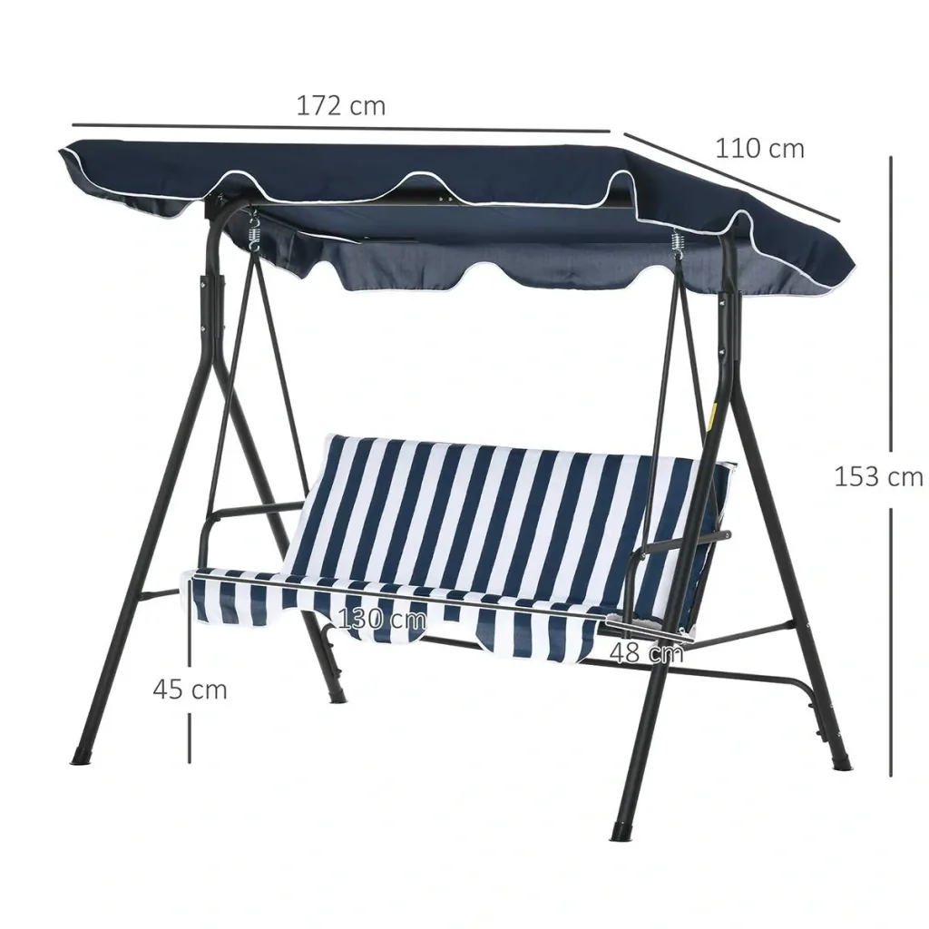 Hollywoodschaukel Gartenschaukel Schaukelbank 3-Sitzer mit Dach Stahl Blau+Weiß 172 x 110 x 153 cm