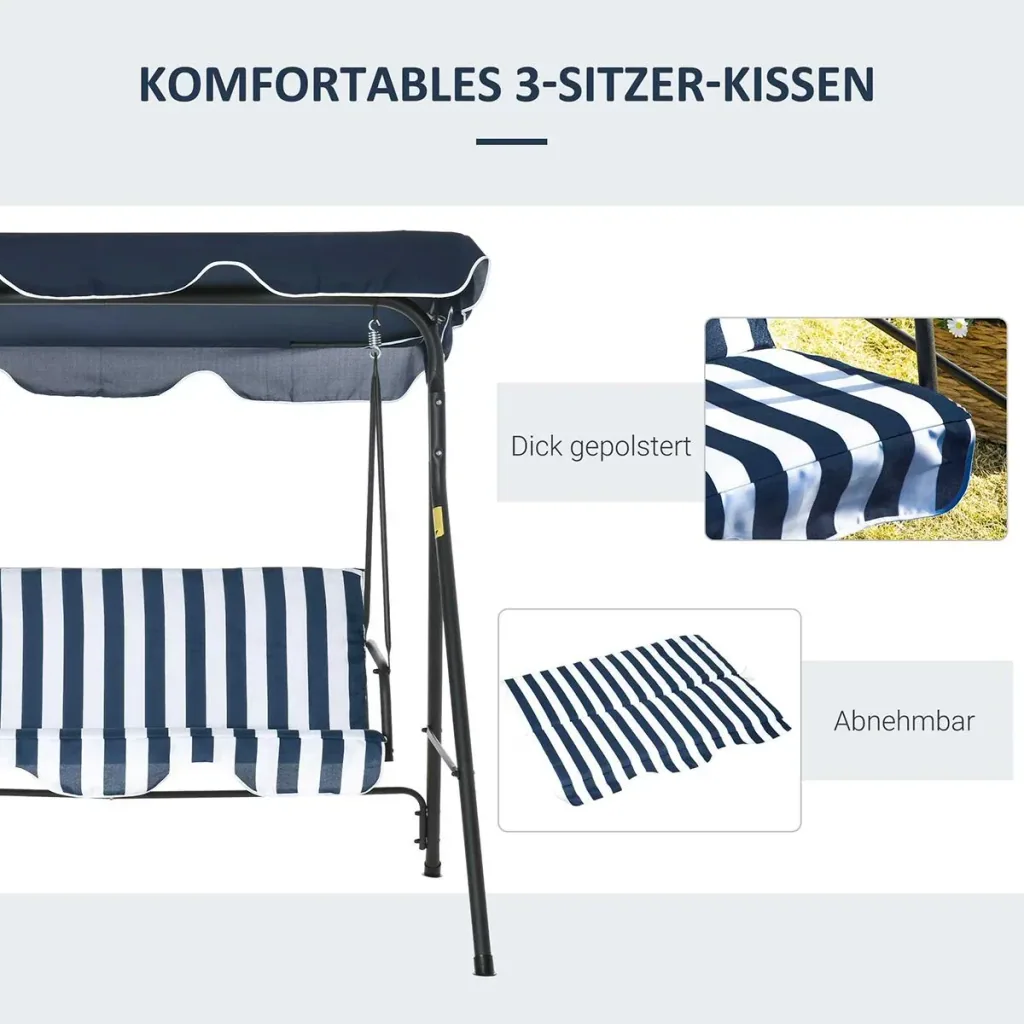 Hollywoodschaukel Gartenschaukel Schaukelbank 3-Sitzer mit Dach Stahl Blau+Weiß 172 x 110 x 153 cm