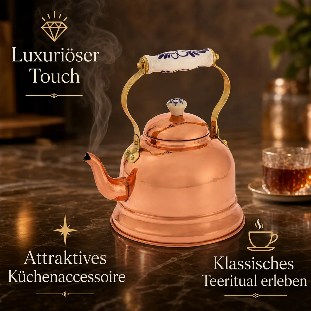 Wasserkessel, Teekessel - aus Kupfer, mit Porzellanhenkel, 1,5L