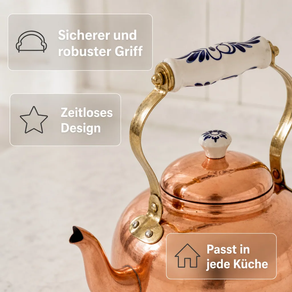 Wasserkessel, Teekessel - aus Kupfer, mit Porzellanhenkel, 1,5L